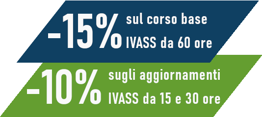 Immagine con gli sconti 15% sul corso base IVASS e 10% sui corsi di aggiornamento IVASS